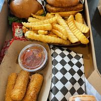 Impossible burger fries empanada and mozzarella sticks  at Malibu's Burgers in Oakland