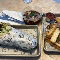 Yuca fries and shawarma seitan sandwich  at Lulu Green in Boston