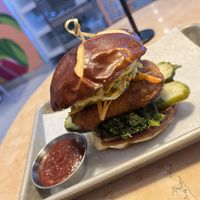Hot honey, ranch crispy chick’n sandwich (missing Zd’atar Oven fries?)  at Lulu Green in Boston