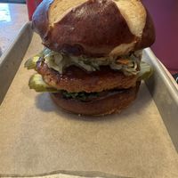 Honey glazed chicken on a pretzel bun  at Lulu Green in Boston