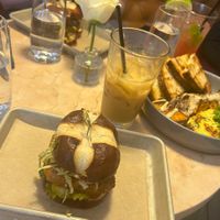 Hot honey crispy chick’n sandwich, cleopatra latte, etc  at Lulu Green in Boston