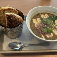 Lemony lentil soup with a side of naan  at Lulu Green in Boston