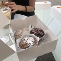 Orange cinnamon bun, Turkish coffee cherry muffin, lemons blueberry streusel muffin at Lulu Green in Boston