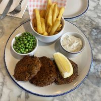 delicious vegan fish and chips  at Wulf & Lamb Marylebone in London