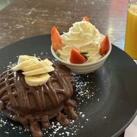  Chocolate pancakes and orange juice   at Wulf & Lamb Marylebone in London