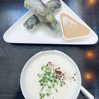 Rolls and potatoes soup  at Vegan Loving Hut Neubau in Vienna