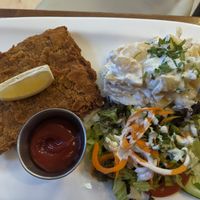 Wiener schnitzel with mayo potatosalad at Vegan Loving Hut Neubau in Vienna