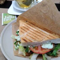 Vegan Doner Kebap with fresh veggies, and big cup of tea at Vegan Loving Hut Neubau in Vienna