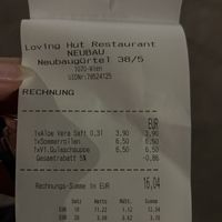 bill (-5% due to v-card)  at Vegan Loving Hut Neubau in Vienna