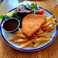 Walnut schnitzel and vegan gravy. at Seabreeze Hotel in Nelson Bay