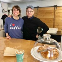 Karla and Justin (and vegan croissants!) at Brewing Good Coffee Company in Savage