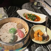 Half eaten dishes! Evening dim sum platter, cucumber appetiser, salt and pepper crispy tofu  at Madame Fu in Hong Kong Island