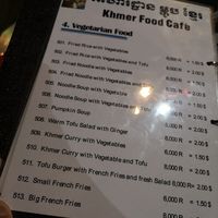 The vegetarian menu at Khmer Food Café - Food Stall in Kampot