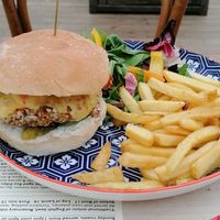 Vegan burger and fries at The Potting Shed in Langley