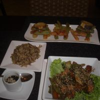 Veggie tempura and veggie tofu with rice at Anacardos in Cartagena