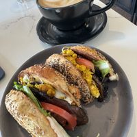 Vegan bagel sandwich, tofu, not Just Egg but really good  at Public Espresso + Coffee in Buffalo