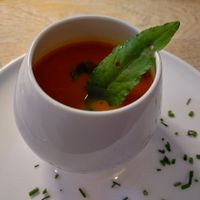 Gruß der Küche - Tomatensüppchen at Gasthaus Am See in Hainspitz
