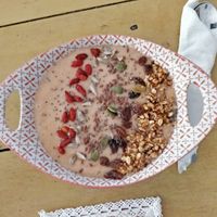 Smoothie bowl, with granola, seeds, raisins goji - freaking awesome! at Island Sisters in Weligama
