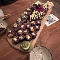 SIGNATURE ROLLS (Crunchy California Dream, and Mighty Mushroom) and MAKI (Cucumber, Salmon&Avocado)  at Vegan Sushi Bar - Kinkerstraat in Amsterdam