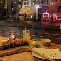 Salmon Avocado roll and street view at Vegan Sushi Bar - Kinkerstraat in Amsterdam