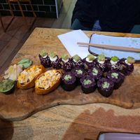 Mighty Mushroom Signature rolls, Cucumber Maki and Sweet Tofu Corn Inari at Vegan Sushi Bar - Kinkerstraat in Amsterdam