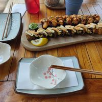 the nice-served plates and food! at Vegan Sushi Bar - Kinkerstraat in Amsterdam