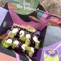 Mighty mushroom rolls, topped with asparagus  at Vegan Sushi Bar - Kinkerstraat in Amsterdam