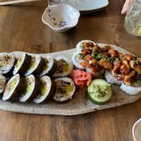 Korean beef roll (quite nice) and Volcano shrimp roll (nice, but spicy)  at Vegan Sushi Bar in Amsterdam