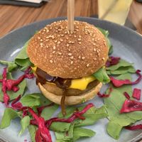 Burger of the day with patty made of sweet potato and lentils, vegan cheese and caramelized onions  at Avocadisimo in Gran Canaria