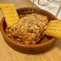Lasagna with polenta on the side.  at Avocadisimo in Gran Canaria