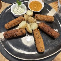 “Fish” and chips (wrinkled potatoes).  at Avocadisimo in Gran Canaria