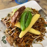 Dry noodles with mock meat at HS Restoran in Lahad Datu