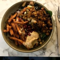 Mezze Buddha bowl with curried chickpea instead of falafel  at Canopy in Coventry