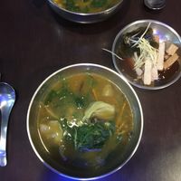 Noodle soup and fried tofu  at YùJǐng ChángShòu Wū 玉井長壽屋素食 in Tainan
