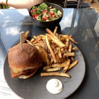 Salad rhubarb/strawberry + Tofu Nashville burger   at Maynard in Montreal
