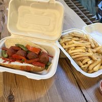Meatball sandwich and fries   at Plant Junkie W52 in New York City