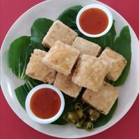 Famous crispy fried tofu $3 at Travelers Palm Vegetarian in Central Singapore