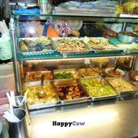 The buffet at Pu Xiang Vegetarian: trays of fried mock meat, a tofu dish, some vegetable dishes, and various deep-fried snacks at the top of the display case.  at Pu Xiang Vegetarian 普香素食 in Central Singapore