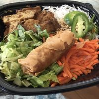 Bowl with tofu, noodles, veg, and veggie spring roll  at Lu's Sandwiches - Nicollet Ave in Minneapolis