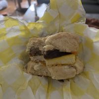 Sausage, egg (tofu), and cheese on a biscuit   at Yellow Rose Vegan Bakery in Maplewood