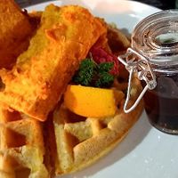 Chicken and waffles with maple love at The Plot in Oceanside