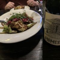 Cauliflower appetizer and Homestead red blend, the cauliflower was phenomenal and the Homestead went well with everything, including the “fish” and chips    at The Plot in Oceanside