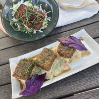 Bottom: Sausage and biscuits with gravy (so good! And look at that presentation!)  at The Plot in Oceanside