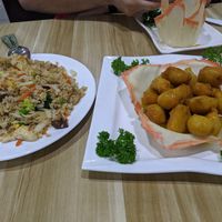 Combination fried rice with mock meats/seafood + Lemon 'Chicken' at Yuan Yuan Vegetarian Delight in Underwood