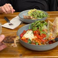 Vegan Shakshuka and Vegan Scramble at FACTORY GIRL Restaurant. in Amsterdam