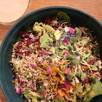 Power Protein Salad with buckwheat sprouts, lentil sprouts, lots of greens and a delicious hemp-lemon-cashew dressing - I love it🍀👌 at BioWelten BistroCafé & Organic Supermarket in Immenstadt