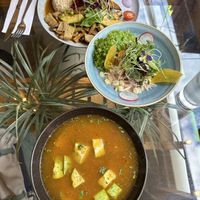 Bean and seitan soup, vegan ceviche, Peruvian veggies and rice meal  at Green House in Aguas Calientes