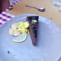 Vegan chocolate cheesecake with sorbet at Piccola Osteria in Arco