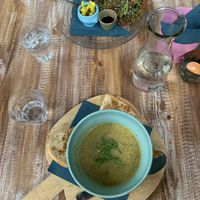 First round: zucchini soup and korean pancakes. They serve free water  at Het Paradijs in Enschede