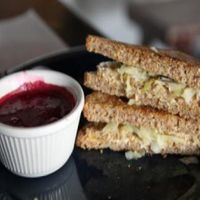 vegan reuben: tempeh, sauerkraut and daiya. served with a side of raw vegan borscht. at Elderberries Cafe in Los Angeles